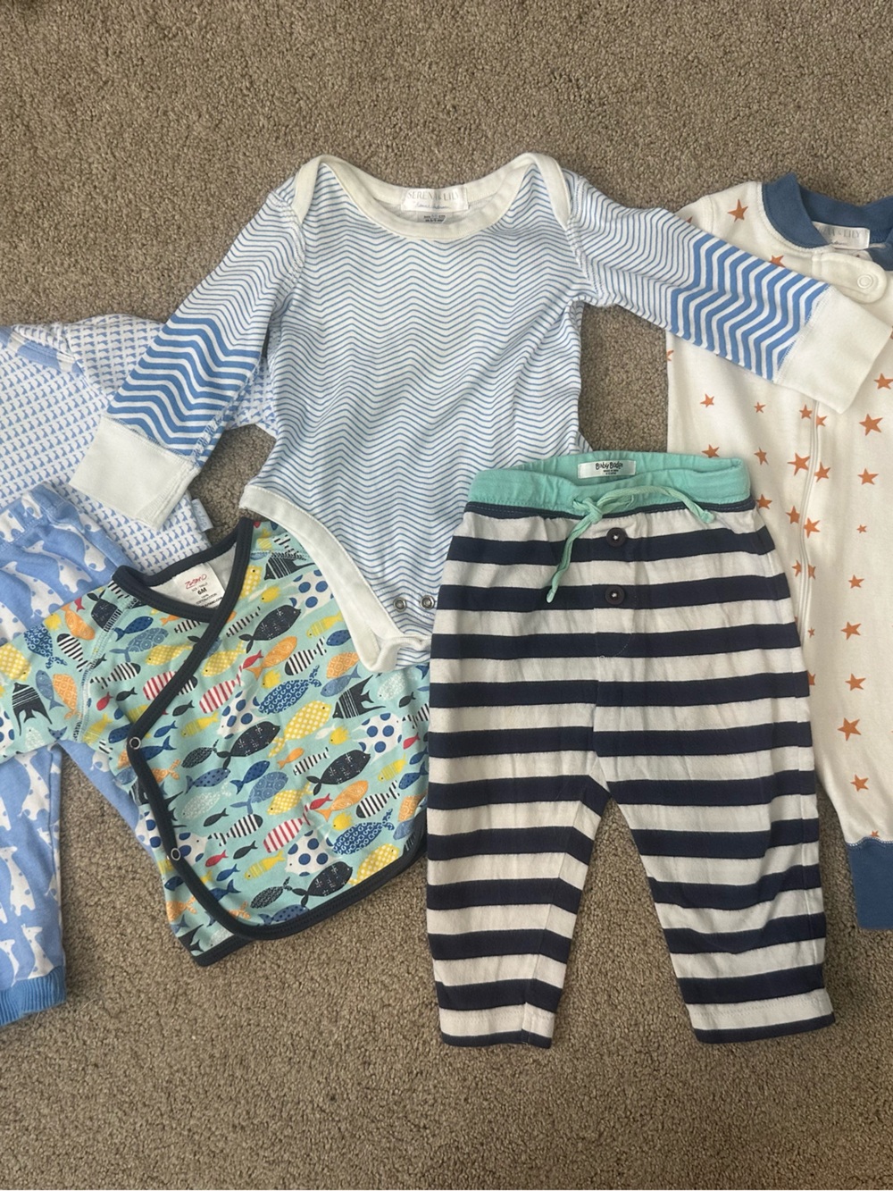 Bundle of 6M Onesies, pajamas, shirts; Serena & Lily; Le Top Bebe; Baby Boden
